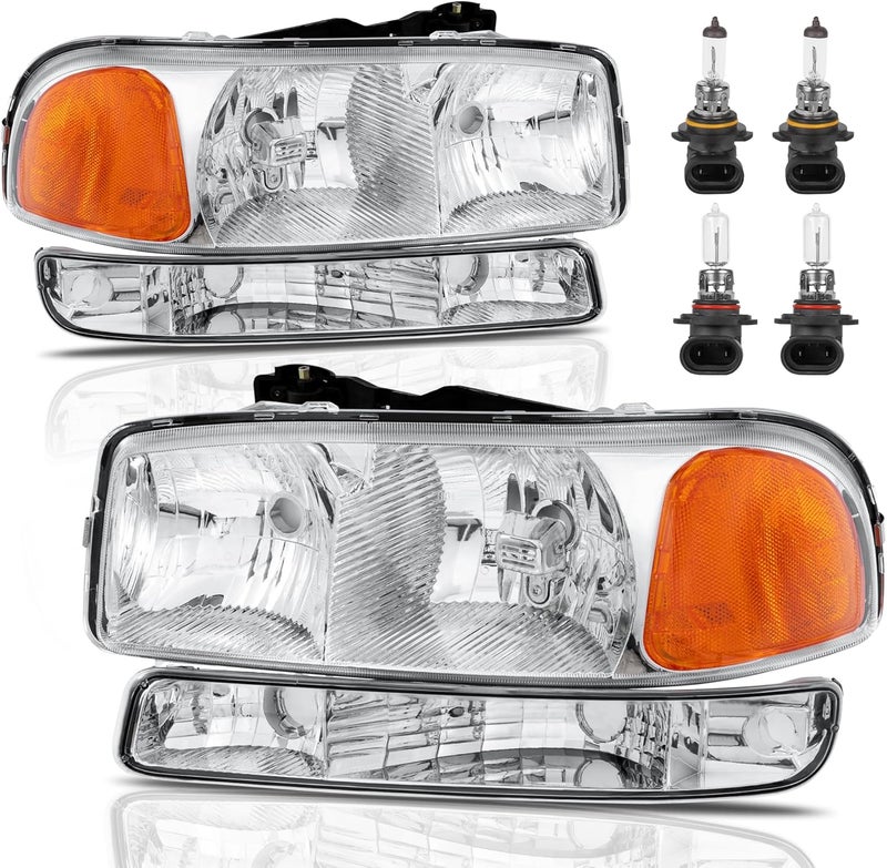 KUIPERAUTO Headlight Assembly Front Lamp Compatible with 1999-2006 GMC Sierra 1500 2500, 2000-2006 GMC Yukon Headlamp w/Bulb Chrome Housing/Clear Lens/Amber Corner - Image 1